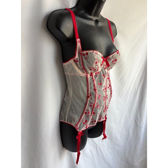 Adore Me Red Corset Lingerie Top Bustier 36B Romantic Mesh Lace Hearts Date - Picture 3 of 11